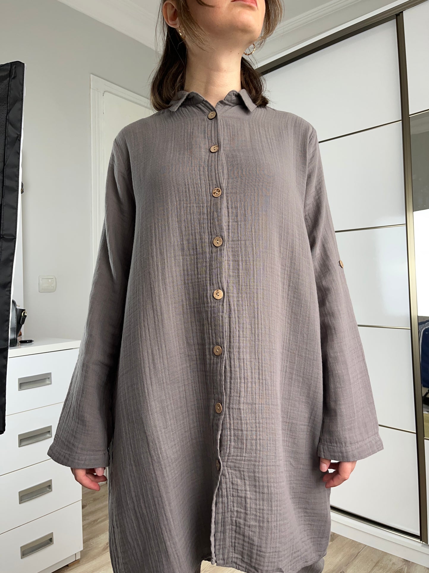 Uzun Katlanabilir Kol Yazlık Müslin Tunik Gri