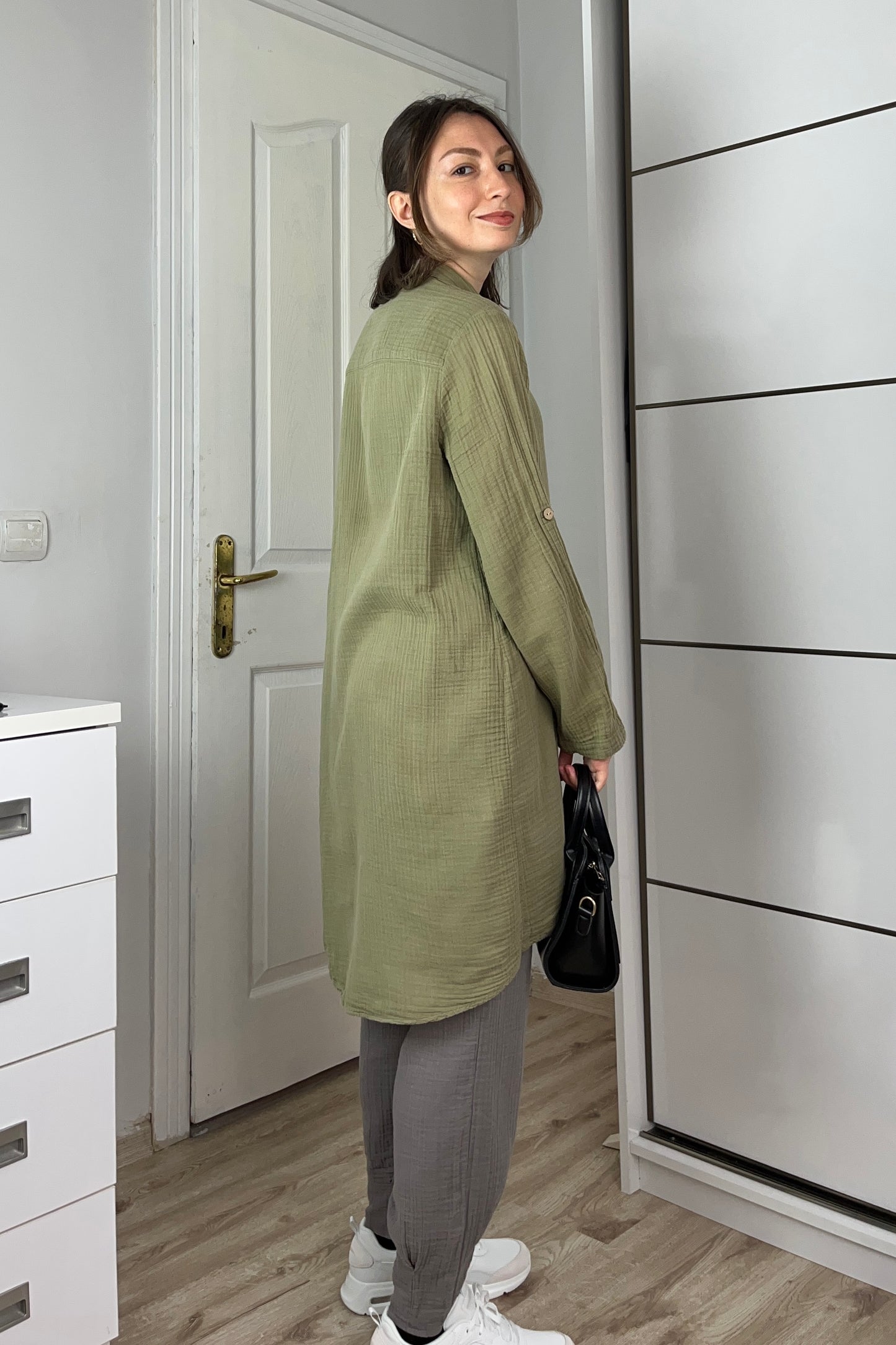 Uzun Katlanabilir Kol Yazlık Müslin Tunik Haki