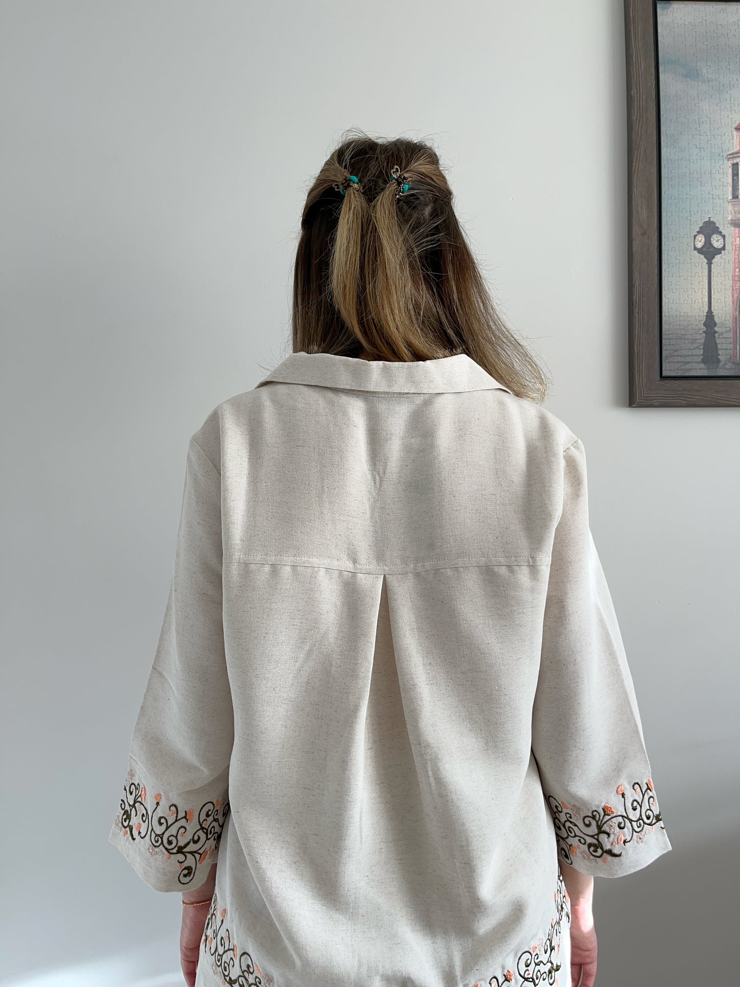 Keten Nakış Detaylı Taş Otantik Bluz
