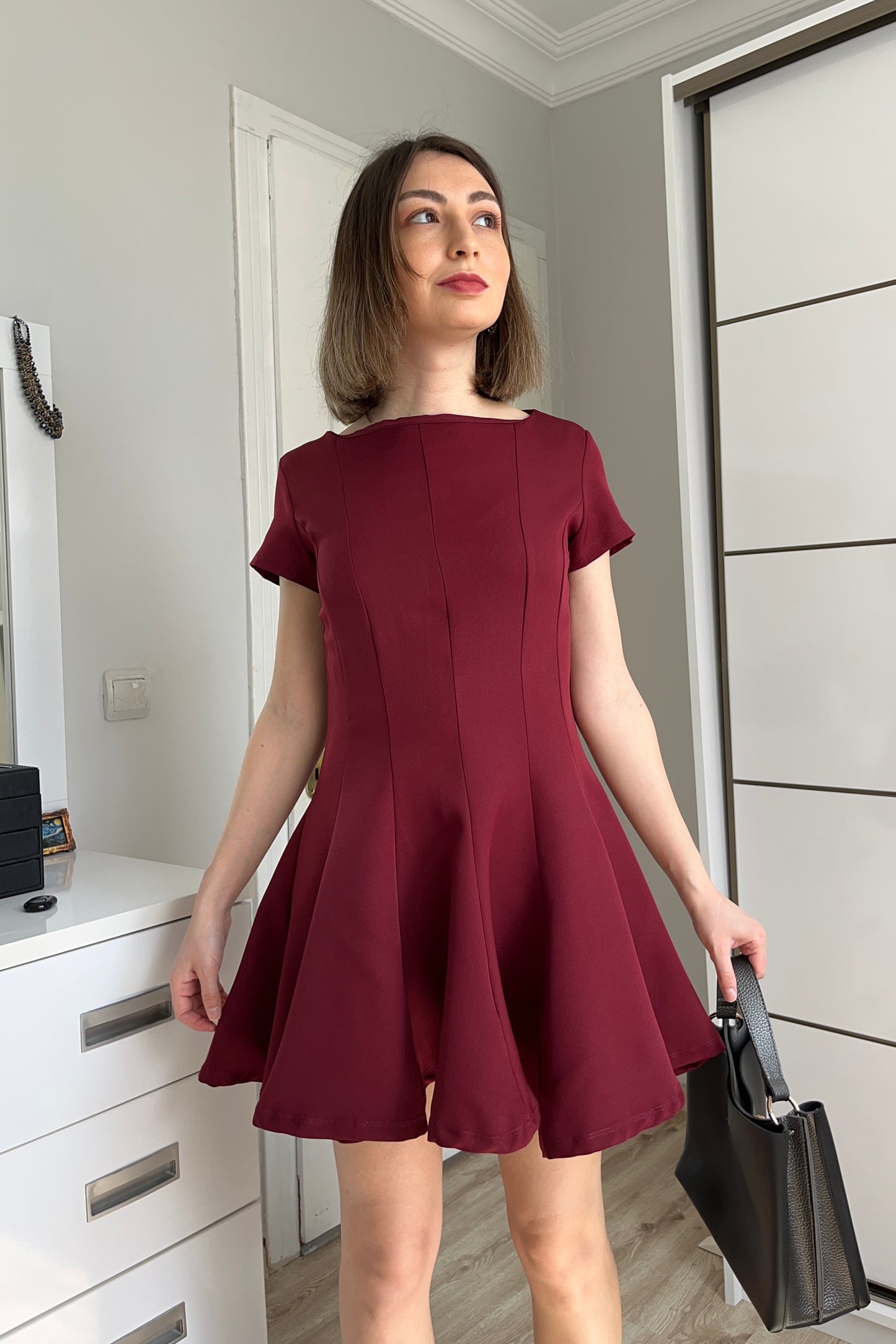 Volanlı Bordo Elbise