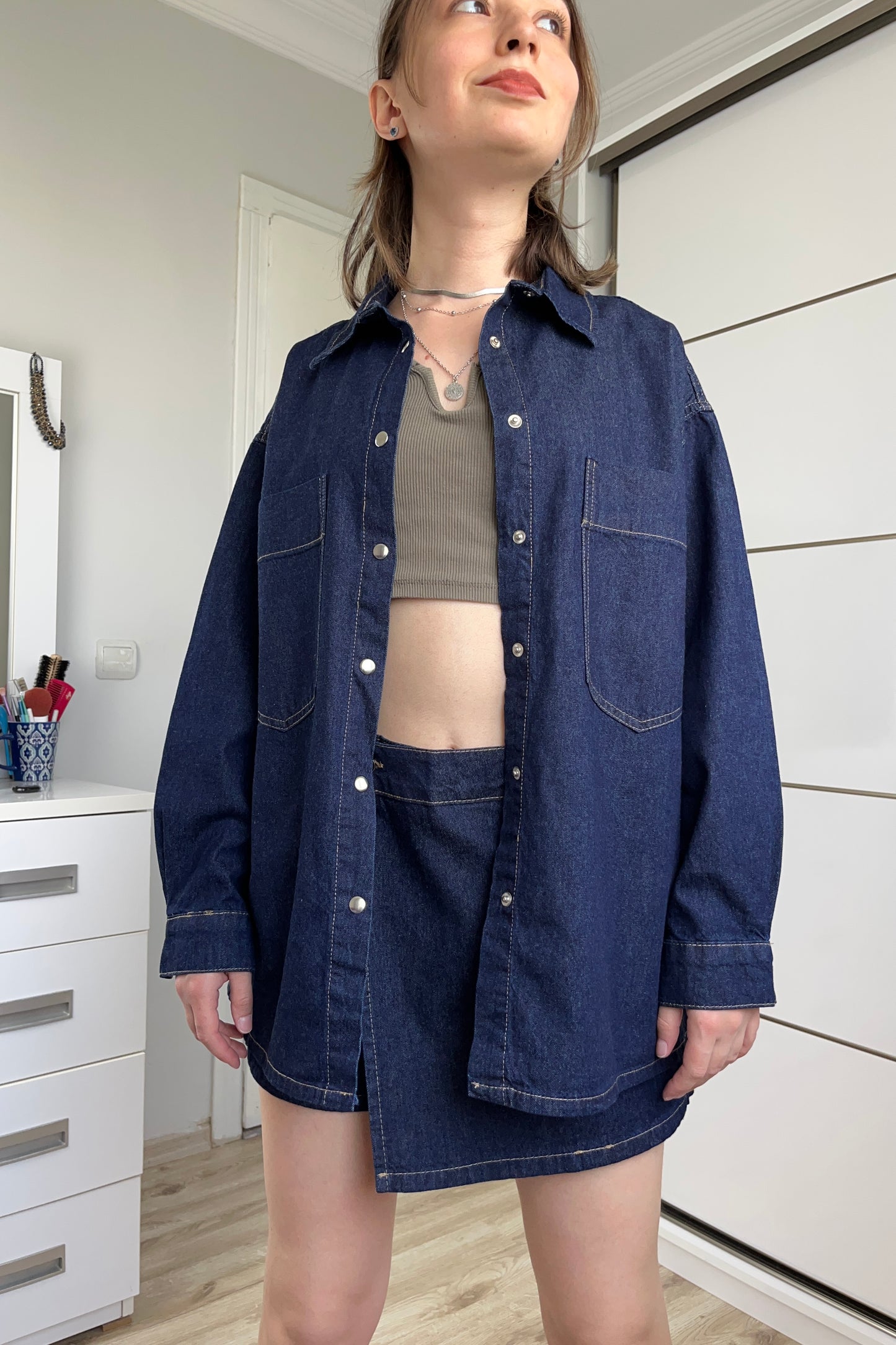 Denim Gömlek Şort Etek Takım