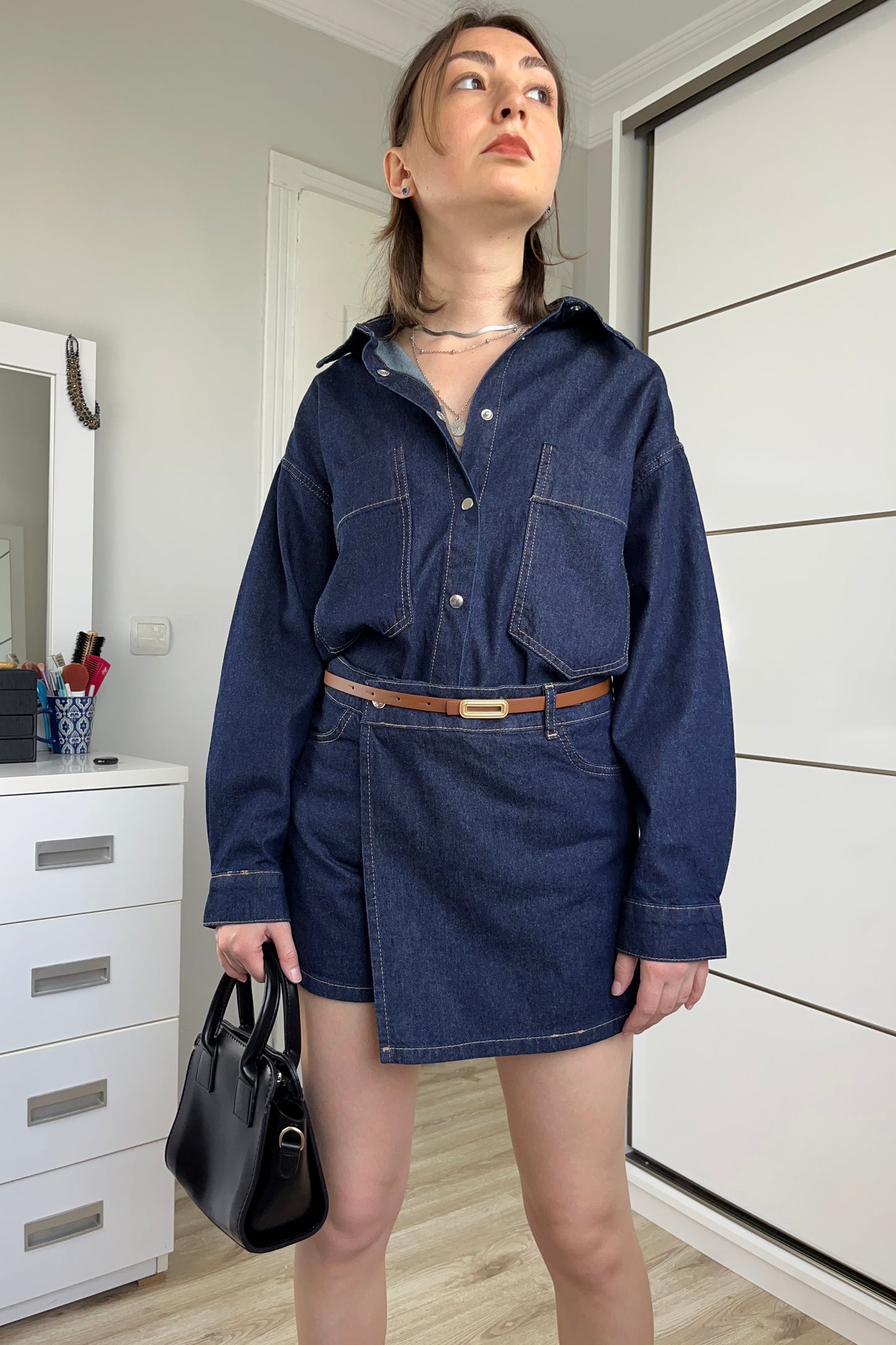 Denim Gömlek Şort Etek Takım