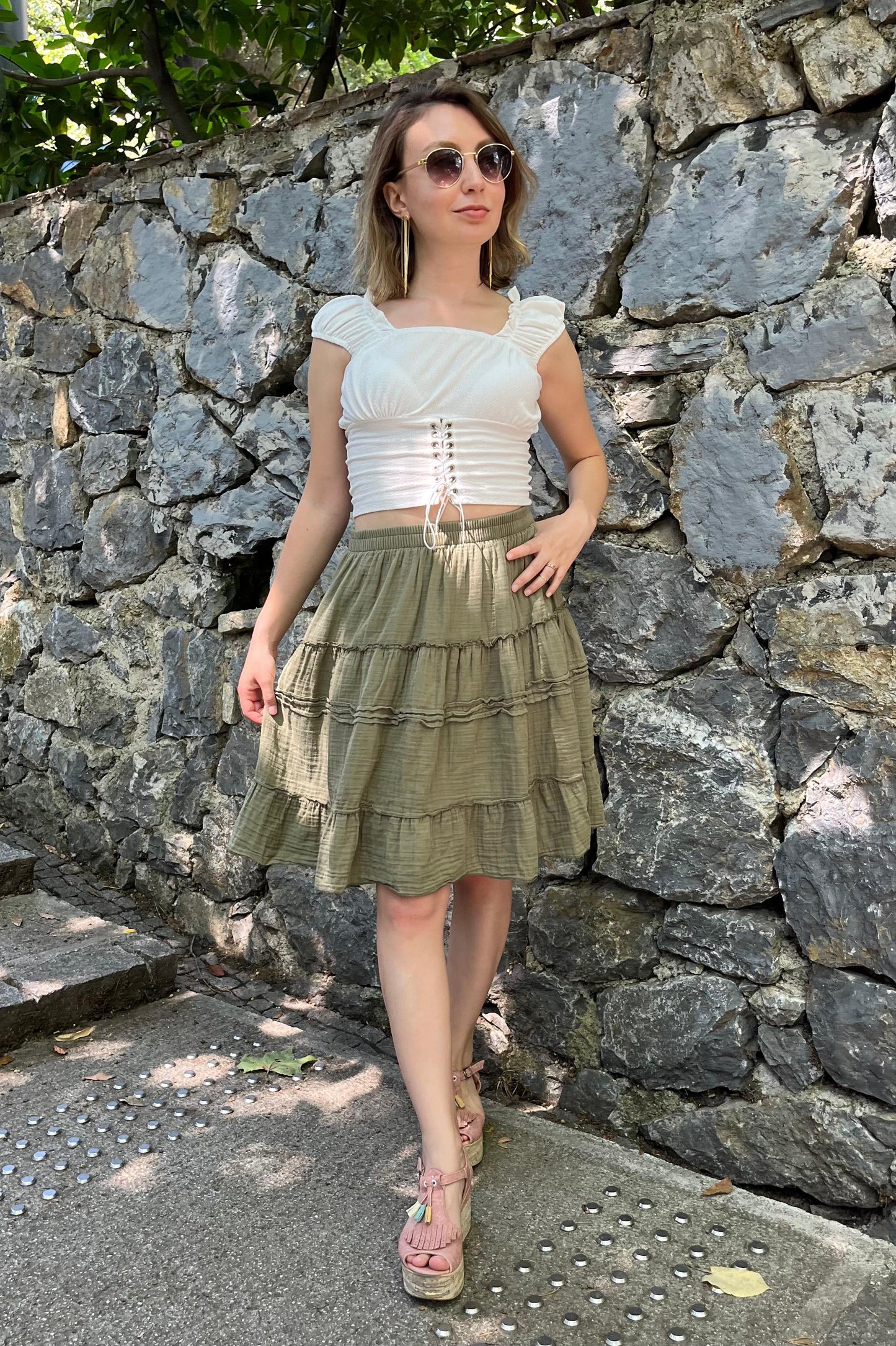 Beli Lastikli Kısa Yazlık Müslin Etek Haki