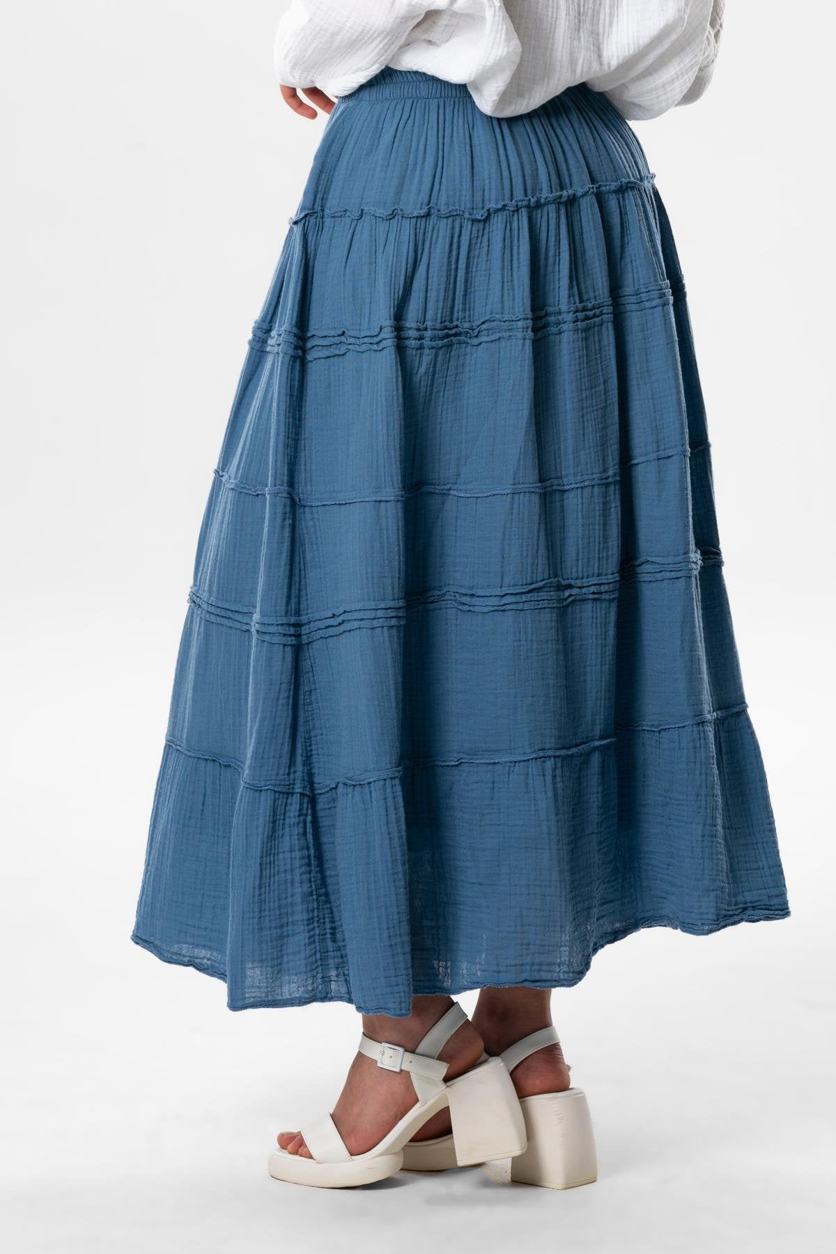 Uzun Yazlık Müslin Etek İndigo Beli Lastikli