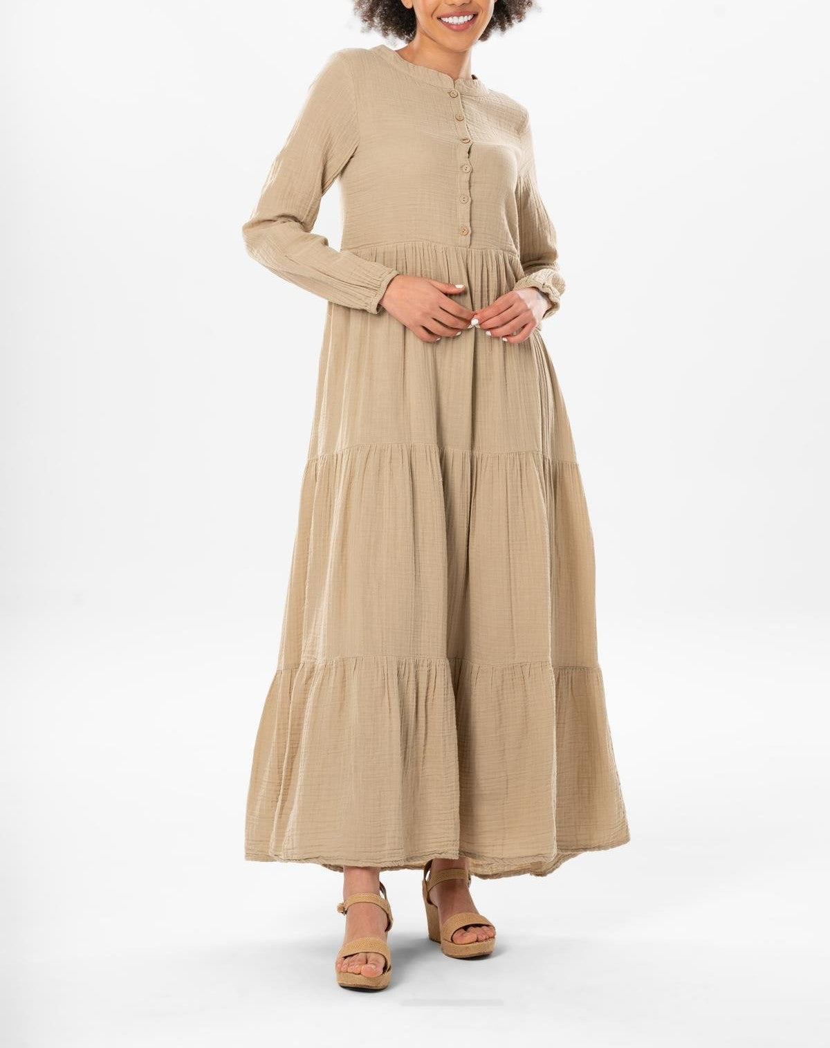 Uzun Kol Akay Düğme Detay Yazlık Müslin Elbise Vizon