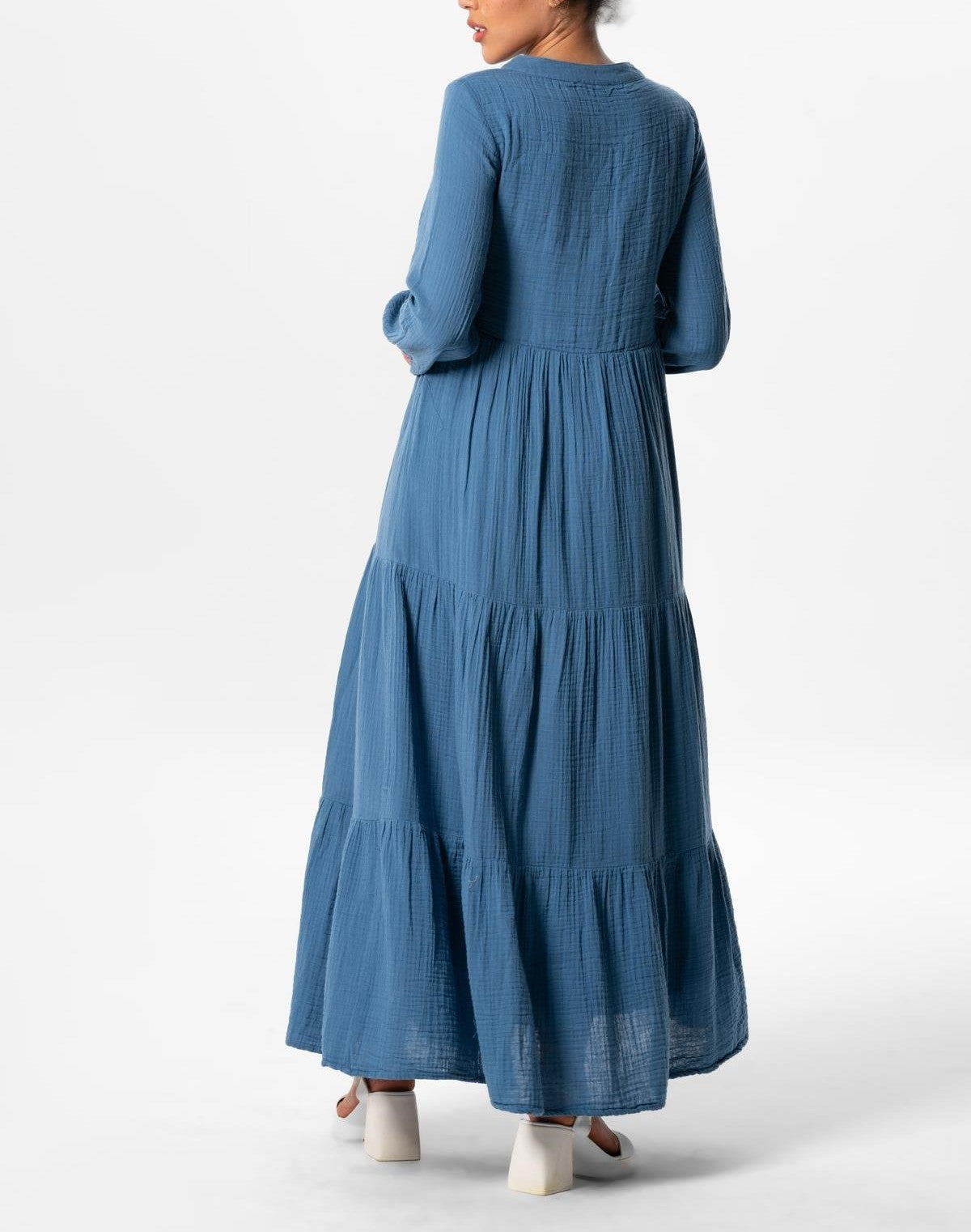 Uzun Kol Akay Düğme Detay Yazlık Müslin Elbise İndigo