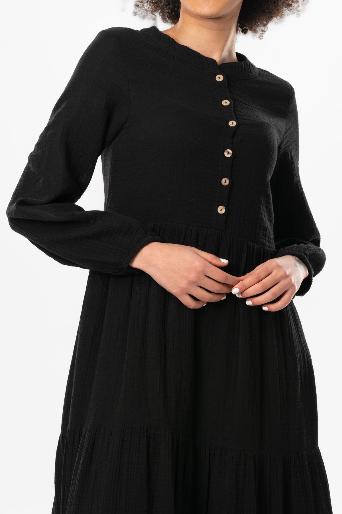 Uzun Kol Akay Düğme Detay Yazlık Müslin Elbise Siyah