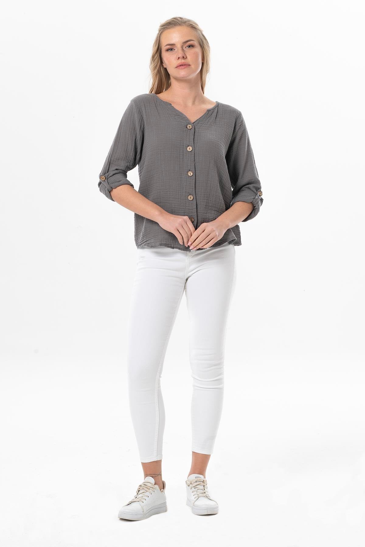 Uzun Kol Yazlık Müslin Gömlek Gri