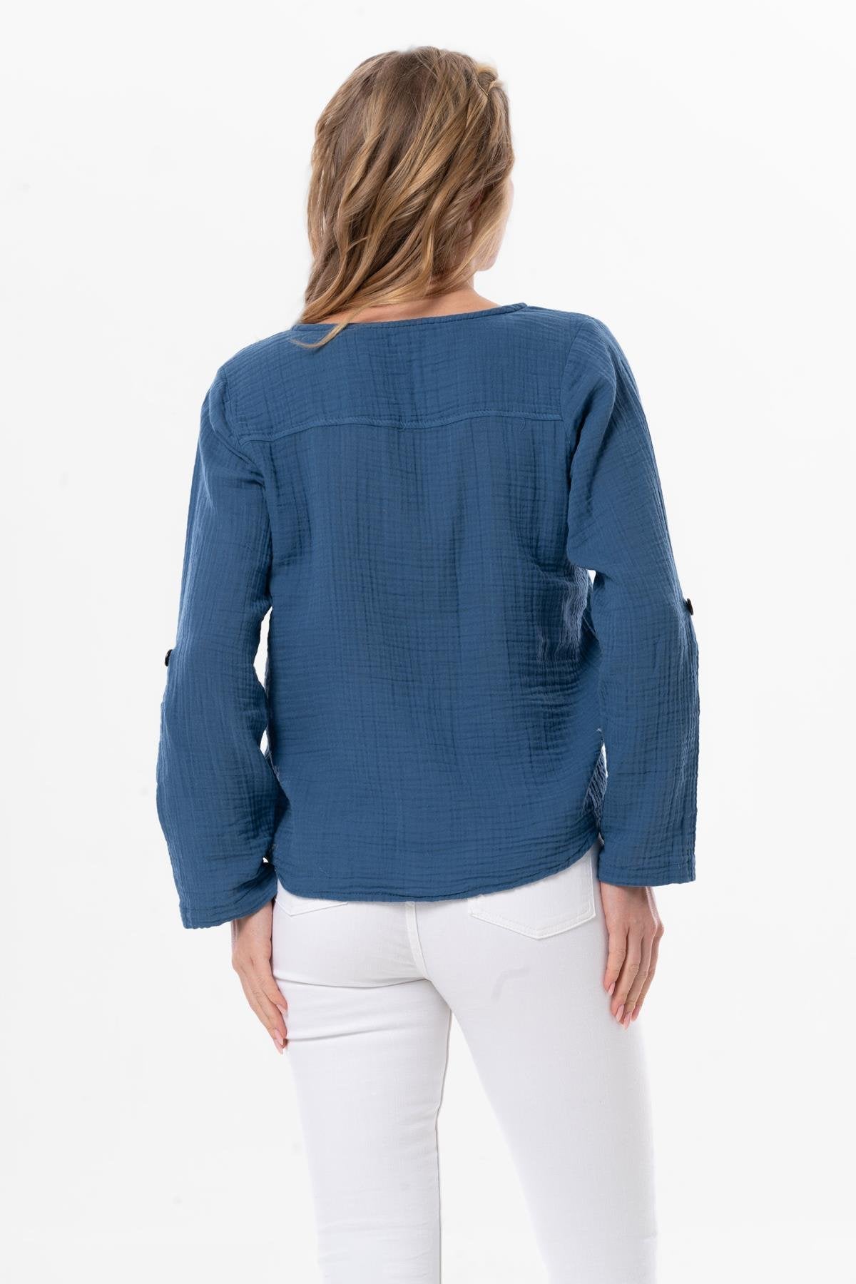 Uzun Kol Yazlık Müslin Gömlek İndigo