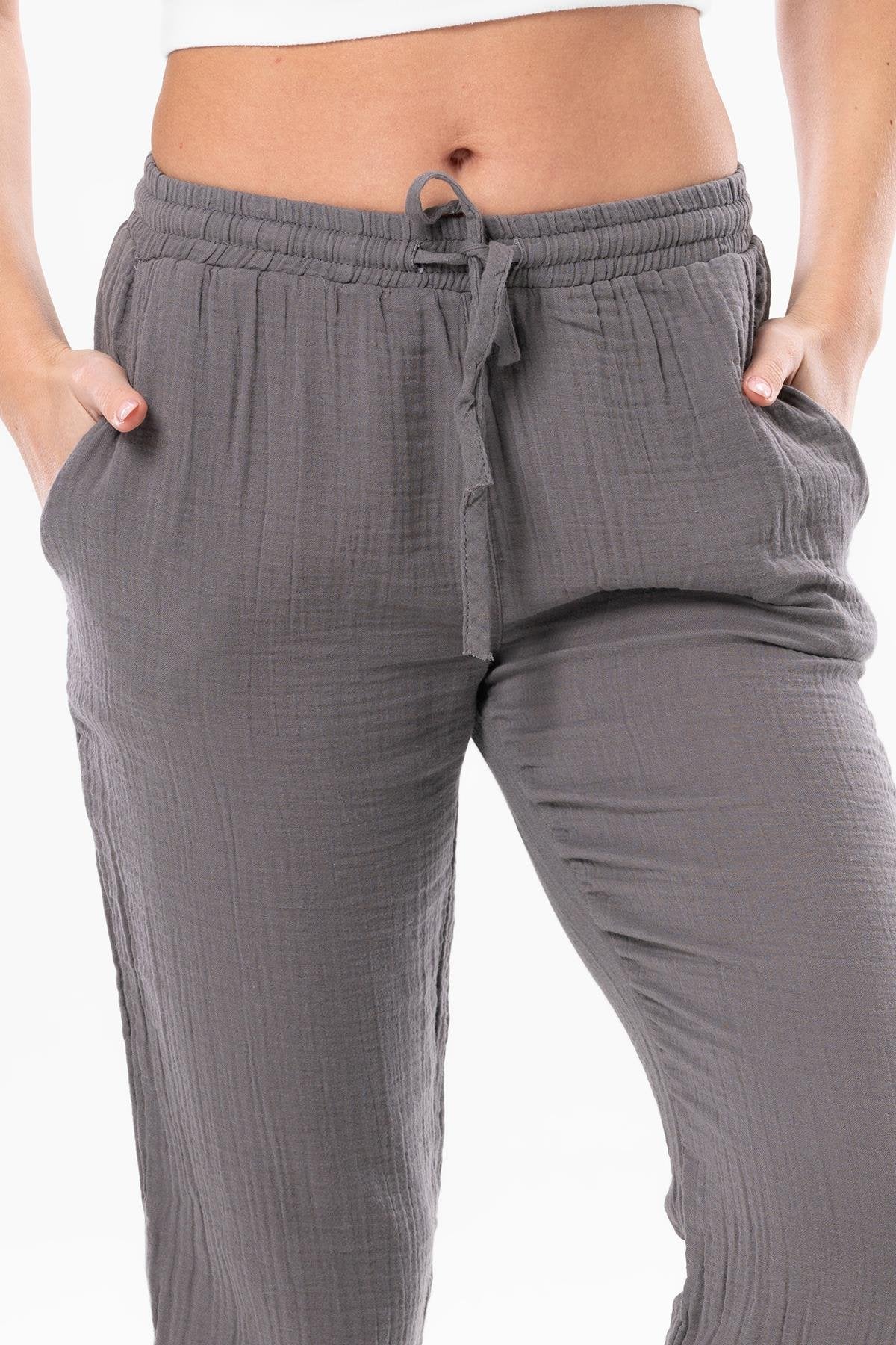 Müslin Beli Bağcıklı Yazlık Pantolon Gri